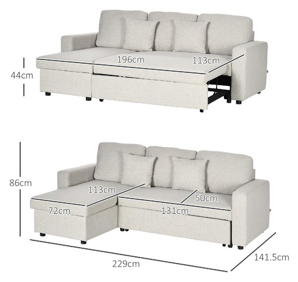 DecHome Divano Angolare 3 Posti Moderno con Chaise Longue Letto Estraibile in Tessuto 225x140x88 cm colore Crema
