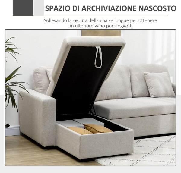 DecHome Divano Angolare 3 Posti Moderno con Chaise Longue Letto Estraibile in Tessuto 225x140x88 cm colore Crema
