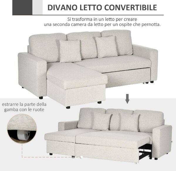 DecHome Divano Angolare 3 Posti Moderno con Chaise Longue Letto Estraibile in Tessuto 225x140x88 cm colore Crema