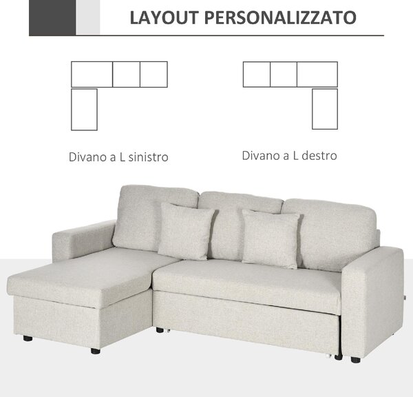 DecHome Divano Angolare 3 Posti Moderno con Chaise Longue Letto Estraibile in Tessuto 225x140x88 cm colore Crema