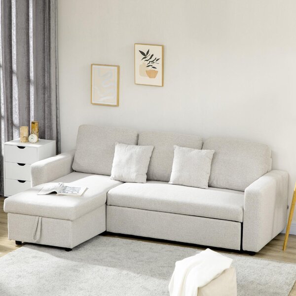 DecHome Divano Angolare 3 Posti Moderno con Chaise Longue Letto Estraibile in Tessuto 225x140x88 cm colore Crema