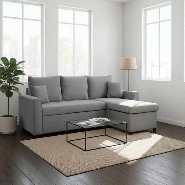 DecHome Divano Angolare 3 Posti Moderno con Chaise Longue Letto Estraibile Vano Contenitore in Tessuto Dimensioni 225x148x71 cm colore Grigio - Ash
