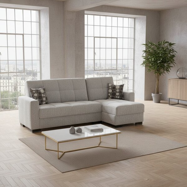 DecHome Divano Angolare 3 Posti Moderno con Chaise Longue Letto Estraibile Vano Contenitore in Tessuto Dimensioni 240x107x99 cm colore Grigio Chiar
