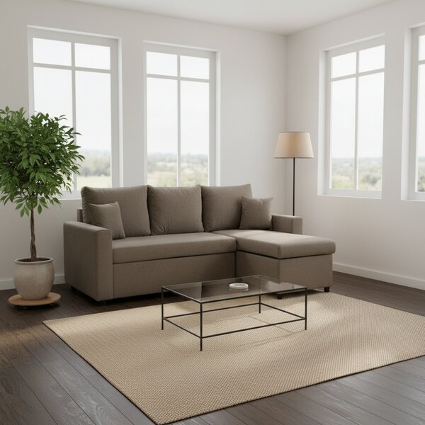 DecHome Divano Angolare 3 Posti Moderno con Chaise Longue Letto Estraibile Vano Contenitore in Tessuto Dimensioni 225x148x71 cm colore Khaki - Golf