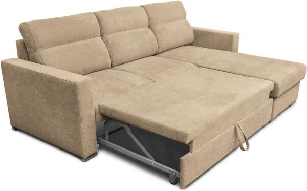 DecHome Divano Angolare 3 Posti Moderno con Chaise Longue Letto Estraibile Vano Contenitore in Tessuto Dimensioni 242x95x177 cm colore Cappuccino -