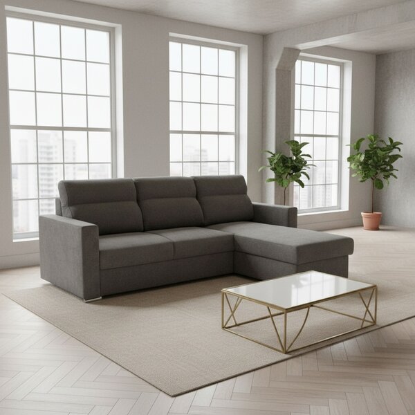 DecHome Divano Angolare 3 Posti Moderno con Chaise Longue Letto Estraibile Vano Contenitore in Tessuto Dimensioni 242x95x177 cm colore Grigio - Ken