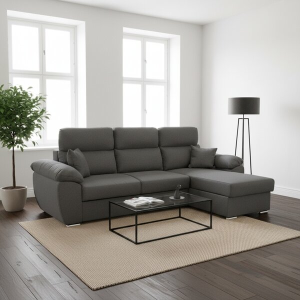 DecHome Divano Angolare 3 Posti Moderno con Chaise Longue Letto Estraibile Vano Contenitore in Tessuto Dimensioni 265x166x91-102 cm colore Grigio -