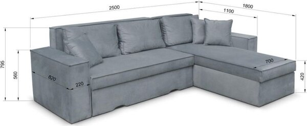 DecHome Divano Angolare 3 Posti Moderno con Chaise Longue Letto Estraibile Vano Contenitore in Tessuto Dimensioni 250x79x180 cm colore Grigio Cener