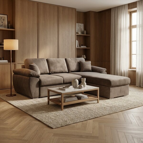 DecHome Divano Angolare 3 Posti Moderno con Chaise Longue Letto Estraibile Vano Contenitore in Tessuto Dimensioni 260x182x89 cm colore Cappuccino -