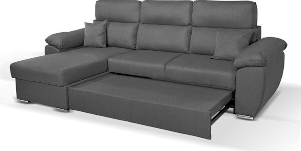 DecHome Divano Angolare 3 Posti Moderno con Chaise Longue Letto Estraibile Vano Contenitore in Tessuto Dimensioni 265x166x91-102 cm colore Grigio -