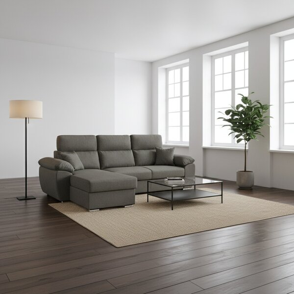 DecHome Divano Angolare 3 Posti Moderno con Chaise Longue Letto Estraibile Vano Contenitore in Tessuto Dimensioni 265x102x166 cm colore Grigio - Co