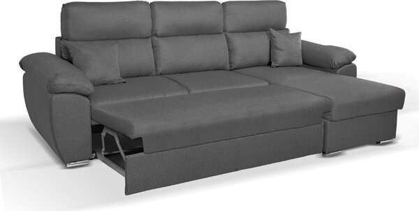 DecHome Divano Angolare 3 Posti Moderno con Chaise Longue Letto Estraibile Vano Contenitore in Tessuto Dimensioni 265x166x91-102 cm colore Grigio -