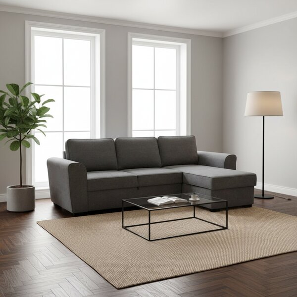 DecHome Divano Angolare 3 Posti Moderno con Chaise Longue Letto Estraibile Vano Contenitore in Tessuto Dimensioni 251.5x90/159.5x86 cm colore Ash G