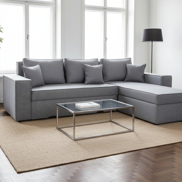 DecHome Divano Angolare 3 Posti Moderno con Chaise Longue Letto Estraibile Vano Contenitore in Tessuto Dimensioni 250x79x180 cm colore Grigio Cener