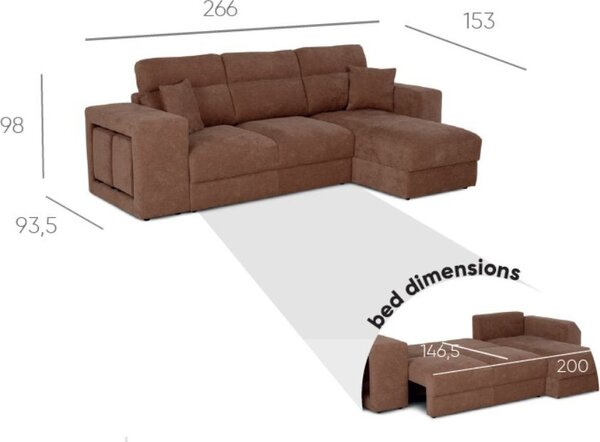 DecHome Divano Angolare 3 Posti Moderno con Chaise Longue Letto Estraibile Vano Contenitore in Tessuto Dimensioni 266x153x98 cm colore Grigio Chiar