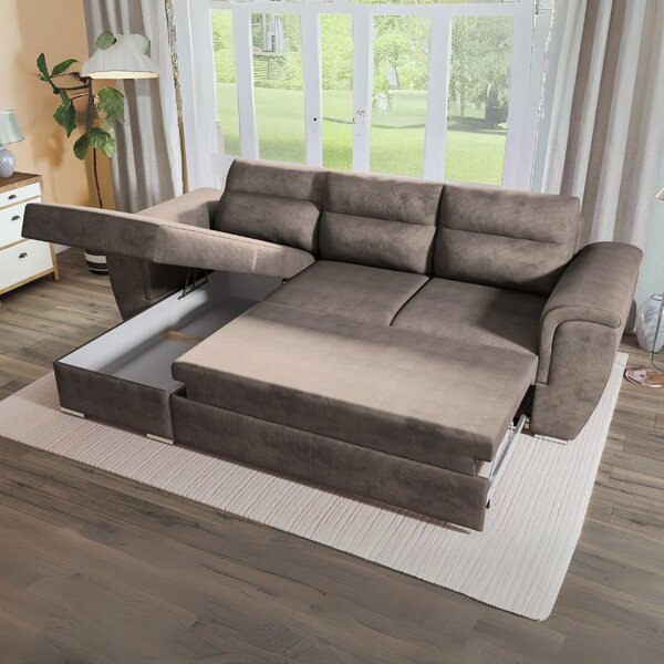 DecHome Divano Angolare 3 Posti Moderno con Chaise Longue Letto Estraibile Vano Contenitore in Tessuto Dimensioni 273x95x177 cm colore Cappuccino -