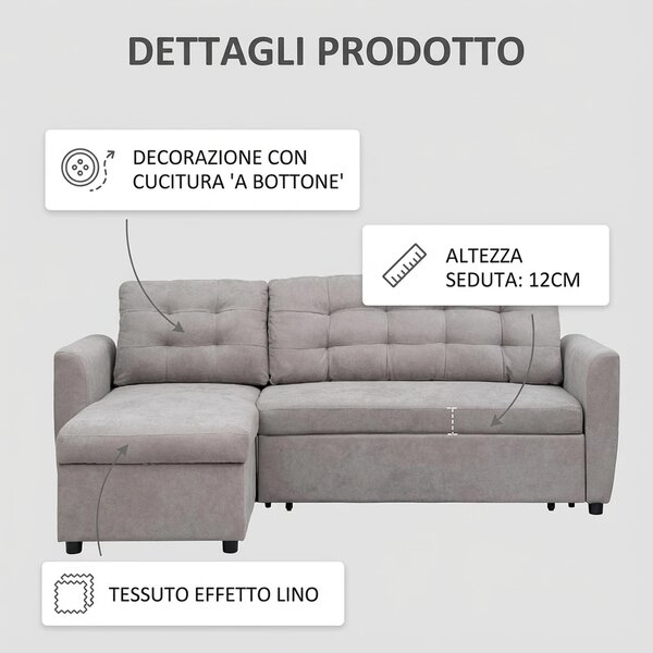 DecHome Divano Angolare 3 Posti Moderno con Chaise Longue Letto Estraibile Vano Contenitore in Tessuto effetto Lino Dimensioni 217x134 cm colore Gr