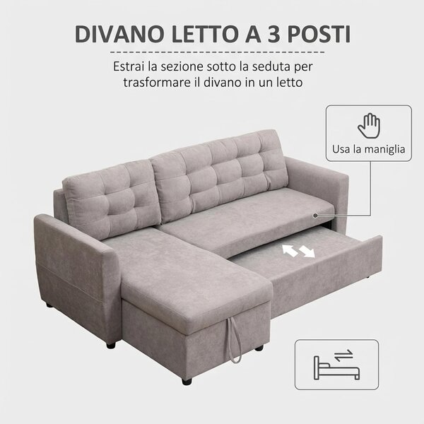 DecHome Divano Angolare 3 Posti Moderno con Chaise Longue Letto Estraibile Vano Contenitore in Tessuto effetto Lino Dimensioni 217x134 cm colore Gr
