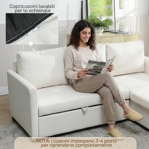 DecHome Divano Angolare 3 Posti Moderno con Chaise Longue Letto Estraibile Vano Contenitore in Tessuto Effetto Lino Dimensioni 192x148x86 cm colore