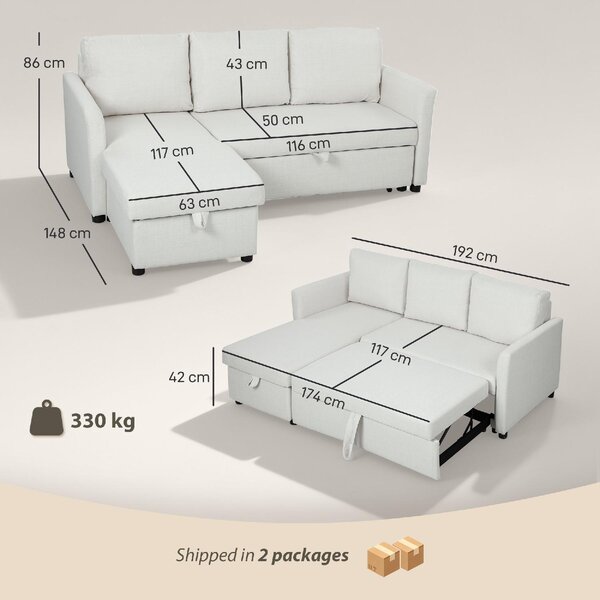 DecHome Divano Angolare 3 Posti Moderno con Chaise Longue Letto Estraibile Vano Contenitore in Tessuto Effetto Lino Dimensioni 192x148x86 cm colore