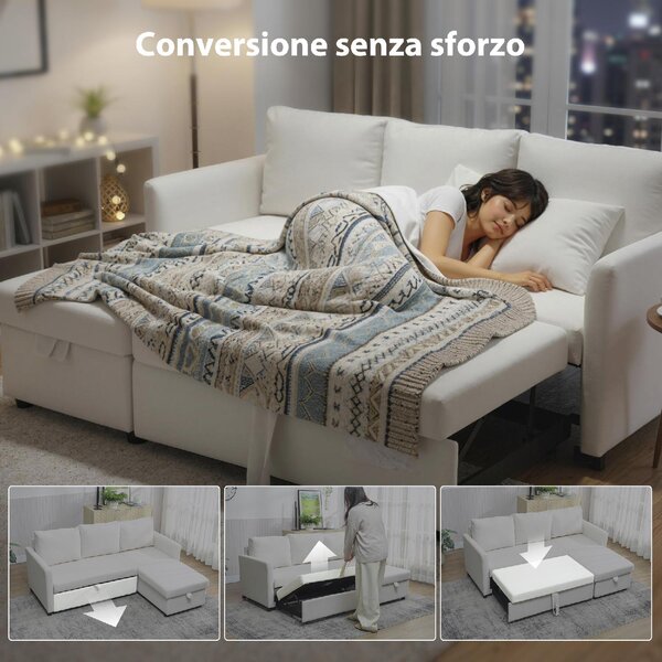 DecHome Divano Angolare 3 Posti Moderno con Chaise Longue Letto Estraibile Vano Contenitore in Tessuto Effetto Lino Dimensioni 192x148x86 cm colore