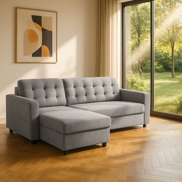 DecHome Divano Angolare 3 Posti Moderno con Chaise Longue Letto Estraibile Vano Contenitore in Tessuto effetto Lino Dimensioni 217x134 cm colore Gr