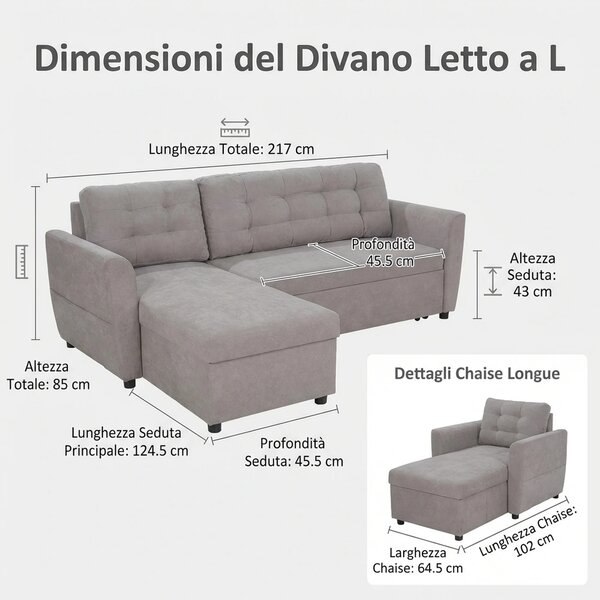 DecHome Divano Angolare 3 Posti Moderno con Chaise Longue Letto Estraibile Vano Contenitore in Tessuto effetto Lino Dimensioni 217x134 cm colore Gr