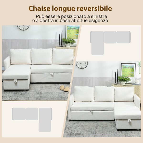 DecHome Divano Angolare 3 Posti Moderno con Chaise Longue Letto Estraibile Vano Contenitore in Tessuto Effetto Lino Dimensioni 192x148x86 cm colore