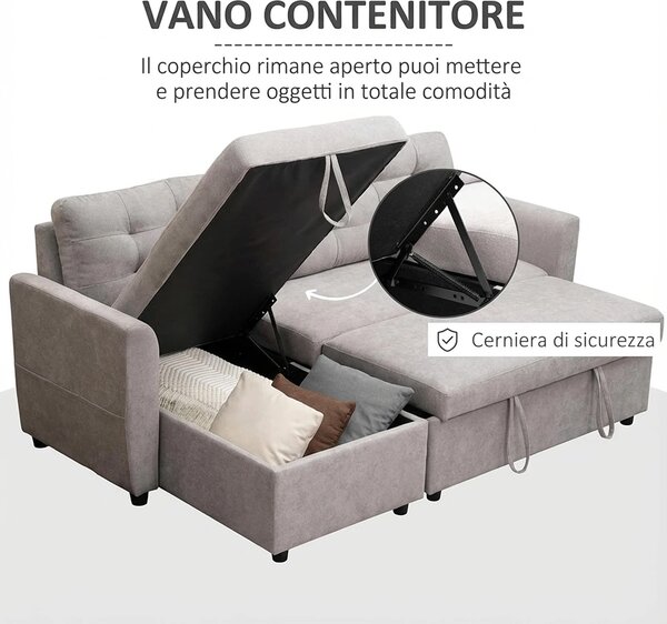 DecHome Divano Angolare 3 Posti Moderno con Chaise Longue Letto Estraibile Vano Contenitore in Tessuto effetto Lino Dimensioni 217x134 cm colore Gr