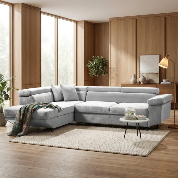 DecHome Divano Angolare 4 Posti Moderno con Chaise Longue Letto Estraibile Vano Contenitore in Tessuto Dimensioni 280x210x77 cm colore Grigio Chiar