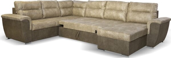 DecHome Divano Angolare 5 Posti Moderno con Chaise Longue Letto Estraibile Vano Contenitore in Tessuto Nabuk Dimensioni 142x99x89 cm colore Taupe -