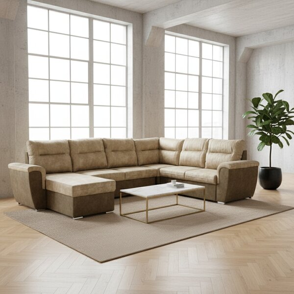 DecHome Divano Angolare 5 Posti Moderno con Chaise Longue Letto Estraibile Vano Contenitore in Tessuto Nabuk Dimensioni 142x99x89 cm colore Taupe -