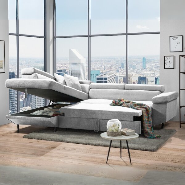 DecHome Divano Angolare 4 Posti Moderno con Chaise Longue Letto Estraibile Vano Contenitore in Tessuto Dimensioni 280x210x77 cm colore Grigio Chiar