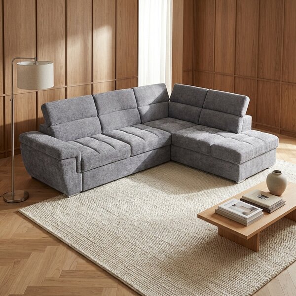 DecHome Divano Angolare 5 posti Moderno con Penisola Letto Estraibile Pouf Contenitore in Tessuto Dimensioni 269x230x77-94 cm colore Grigio Chiaro 