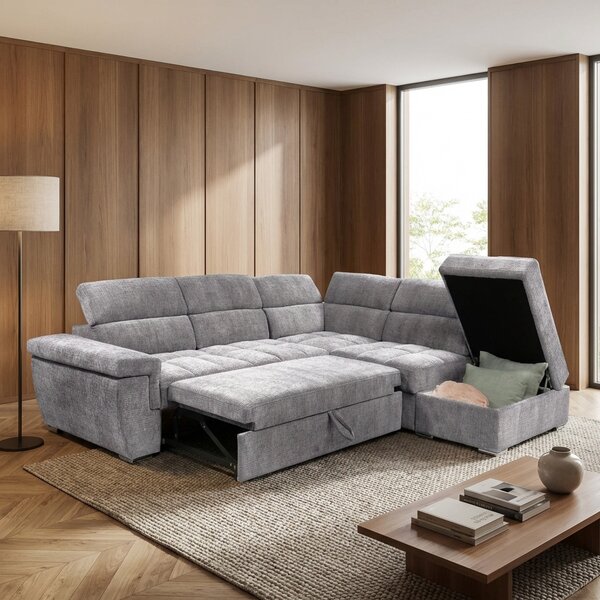 DecHome Divano Angolare 5 posti Moderno con Penisola Letto Estraibile Pouf Contenitore in Tessuto Dimensioni 269x230x77-94 cm colore Grigio Chiaro 