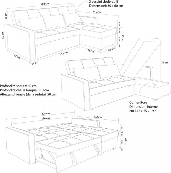 DecHome Divano Letto 3 Posti Moderno con Chaise Longue in Tessuto Dimensioni 210x164x89 cm colore Tortora - Cedric