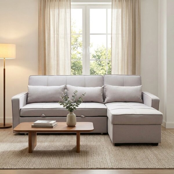 DecHome Divano Letto 3 Posti Moderno con Chaise Longue in Tessuto Dimensioni 210x164x89 cm colore Tortora - Cedric