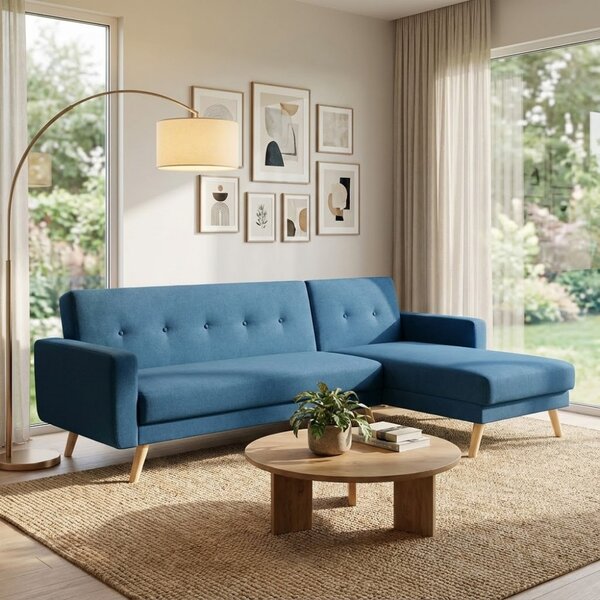 DecHome Divano Letto Clic-Clac 3 Posti Scandinavo con Chaise Longue in Tessuto Dimensioni 176x84x84 cm colore Blu Melange - Atene