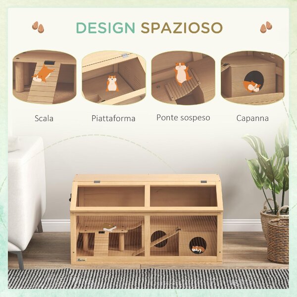 AllMyPets Gabbia per Criceti con Piattaforma Scalette Capanna e Ponte in Legno di Abete 85x45x44 cm - 1NDAM370