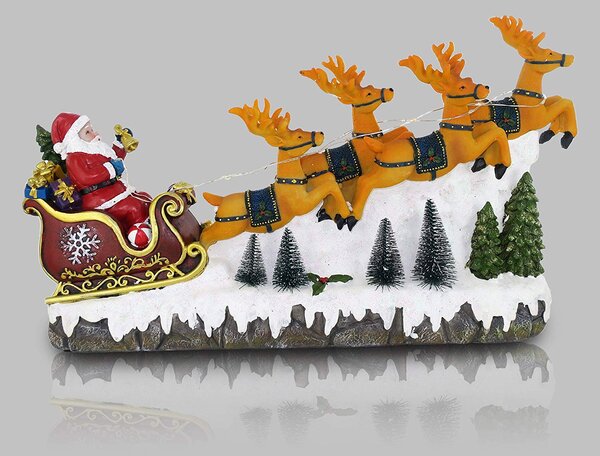 Slitta Babbo Natale con Renne in Resina a Batteria 40x9,5x23 cm