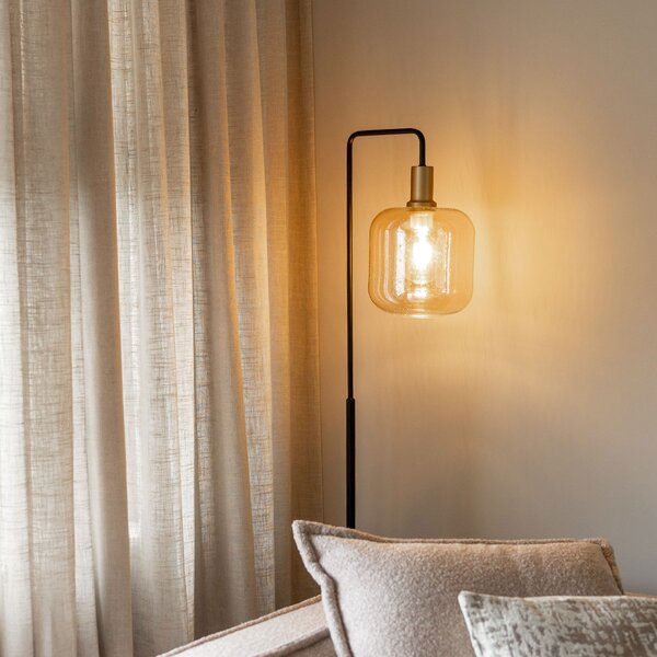Lampada da terra di design nera con ottone e vetro ambrato - Zuzanna