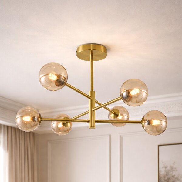 Plafoniera moderna ottone con vetro ambrato 6 luci - Ryan