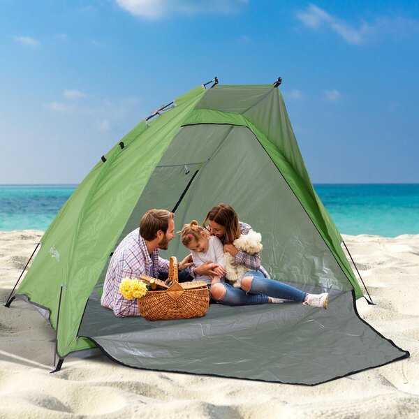 Tenda da Spiaggia con Corde e Paletti e Finestra in Poliestere Verde