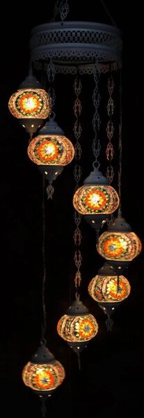 Lampada a sospensione con mosaico di vetro colorato, lampada a candelabro in stile orientale, bianco crema, 7 sfere di vetro, realizzata a mano in Turchia