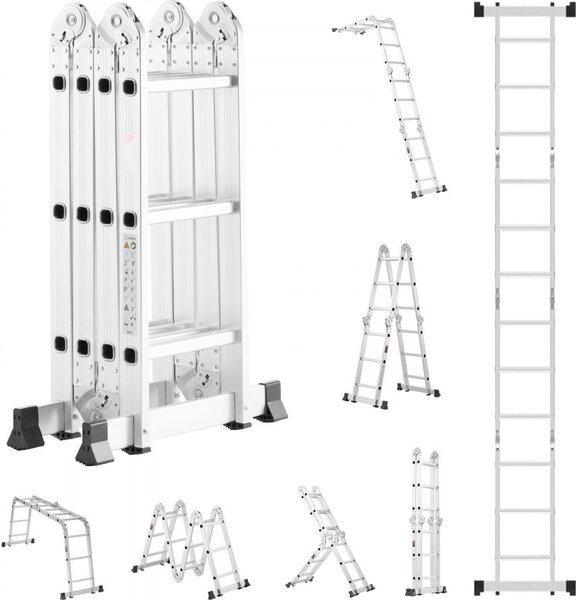 Scala pieghevole multiuso 7 in 1, 3 gradini, sbraccio di 12 piedi, design robusto, uso versatile, ideale per progetti di lavoro e domestici