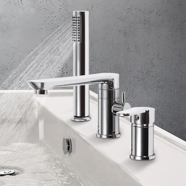 Rubinetto per vasca da bagno - Miscelatore freestanding - Con doccetta - Rame - Bocca girevole a 360° - Tubo flessibile - Argento