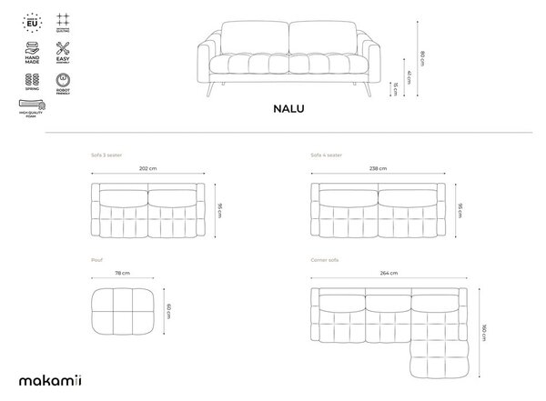 Divano bianco con rivestimento in velluto 202 cm Nalu – Makamii