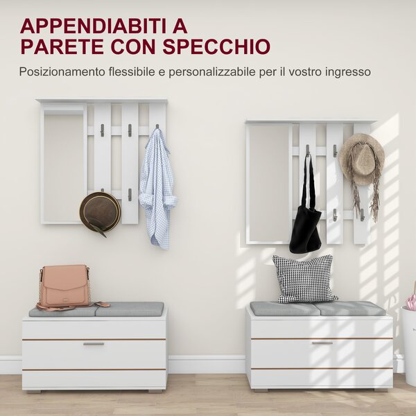 HOMCOM Set Mobili da Ingresso con Appendiabiti, Specchio, Panca con Cuscini e Scarpiera per 8 Paia di Scarpe, Bianco