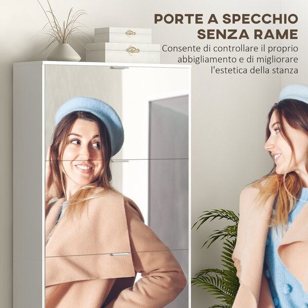 HOMCOM Mobile Scarpiera Salvaspazio Slim con Specchio e 4 Cassetti su 3 livelli per 24 Paia di Scarpe, 76x26x178cm, Bianco | Aosom Italy