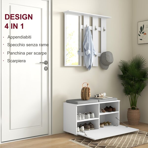 HOMCOM Set Mobili da Ingresso con Appendiabiti, Specchio, Panca con Cuscini e Scarpiera per 8 Paia di Scarpe, Bianco